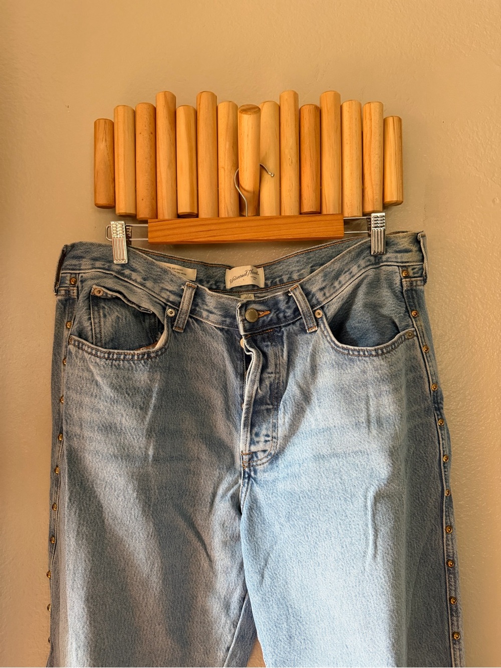 Universal Thread light blue denim jeans with tan stitching